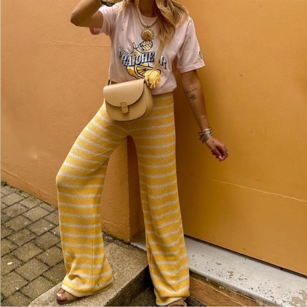 Zara Open Knit Striped Pants Yellow White Straight Leg Size Small - Picture 12 of 13